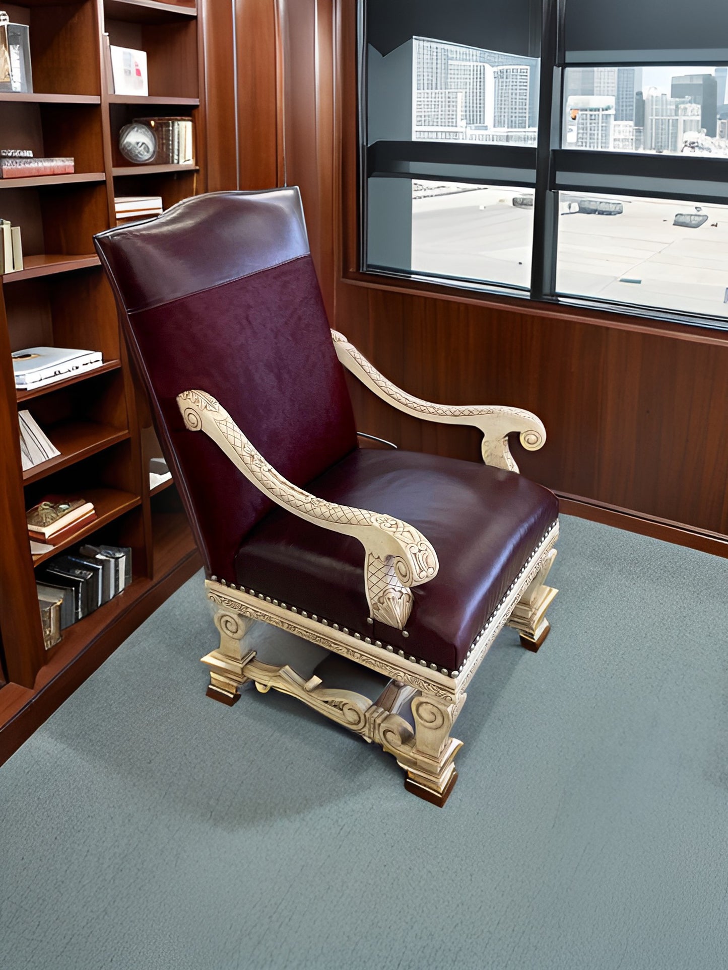 Louis XIII Style Arm Chair - Burgundy & White