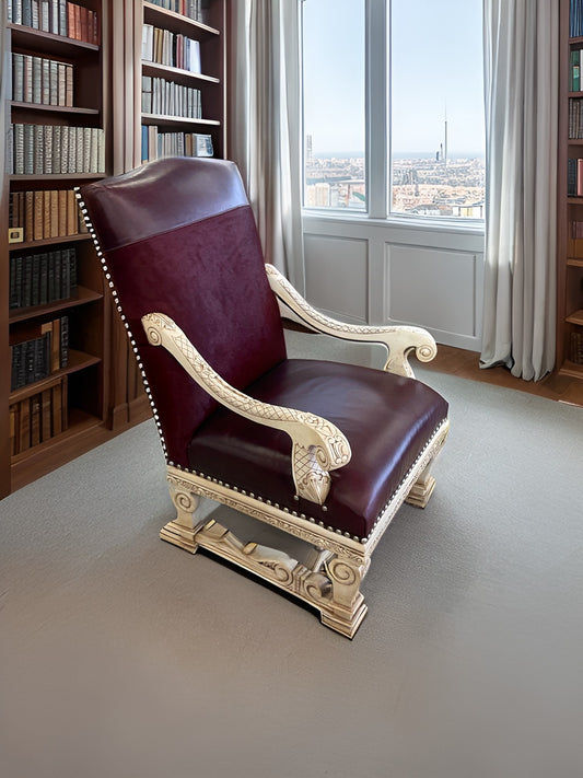 Louis XIII Style Arm Chair - Burgundy & White